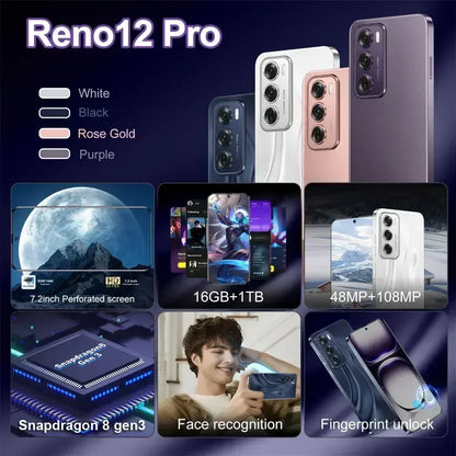 Reno12 pro Smartphone 5G Smart Mobile Phones 16GB+1TB Dual SIM Cellphones Snapdragon 8 gen 3 Android 14 Face Unlocked Cell Phone