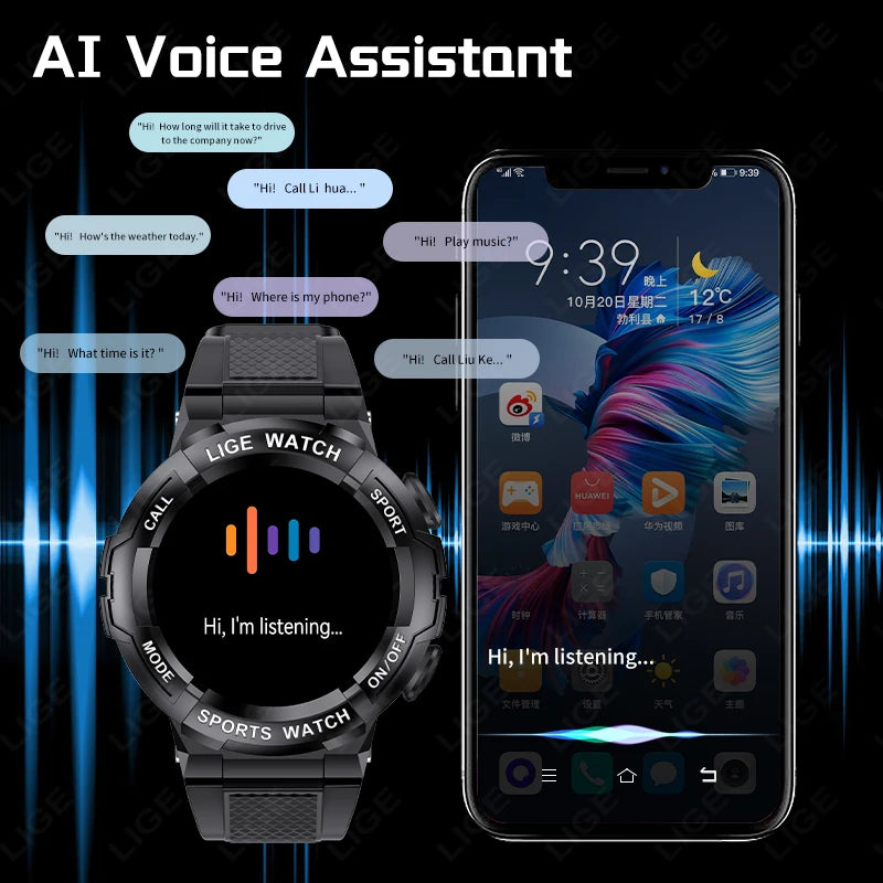 LIGE ECG Smartwatch Men Bluetooth Calling Siri Voice Assistant Bracelet Outdoors Sports Fitness Watch Waterproof Smart Watch Man