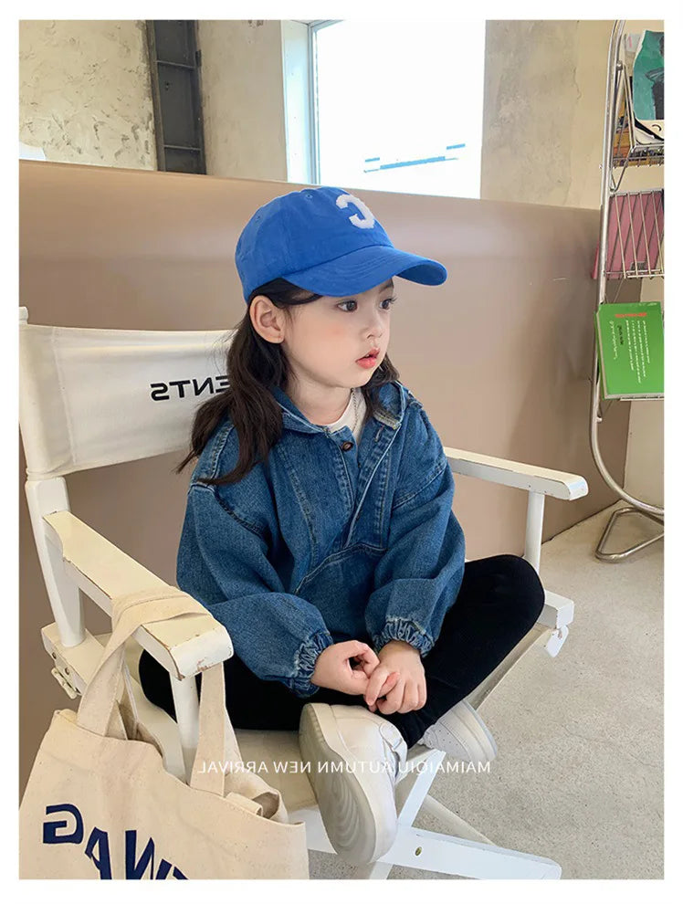 3443C Girl Cowboy Hooded Jacket Autumn New Korean Zipper Hooded Jacket Girl's Denim Coat  2-9Year Kid's Coat Outerwear