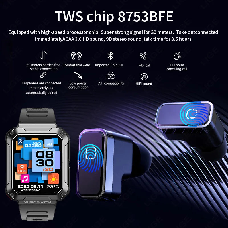 LIGE New TWS Earphone Smart Watches 4GB Local Music Memory 1.96-inch Bluetooth Call Waterproof Men Smartwatch Heart Rate Monitor