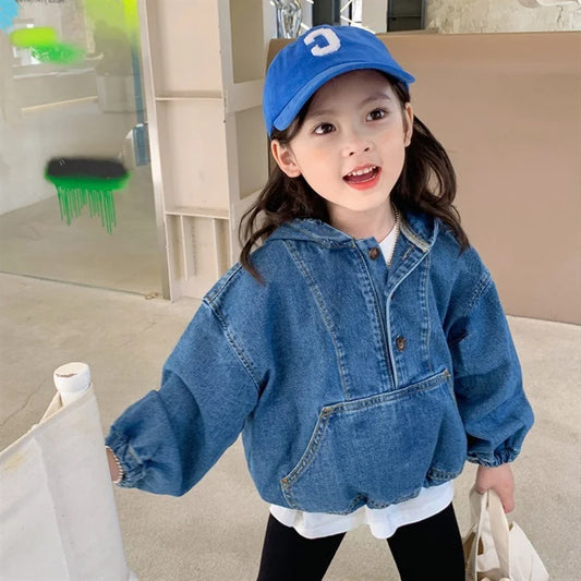 3443C Girl Cowboy Hooded Jacket Autumn New Korean Zipper Hooded Jacket Girl's Denim Coat  2-9Year Kid's Coat Outerwear