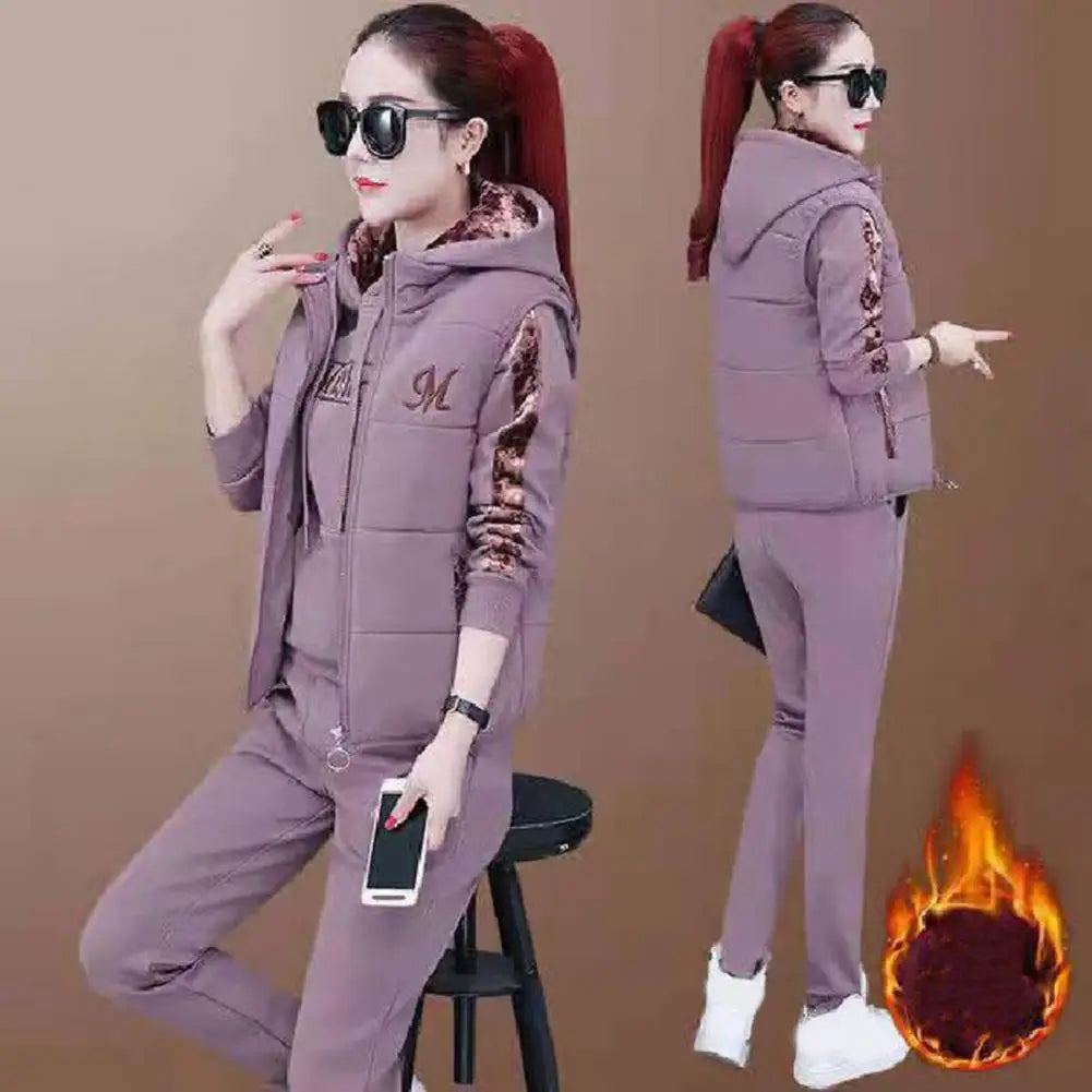 Women Winter Sports Suit Ladies Winter Tracksuit Stylish 3-piece Women's Waistcoat Set Letter Embroidery Hooded for Fall